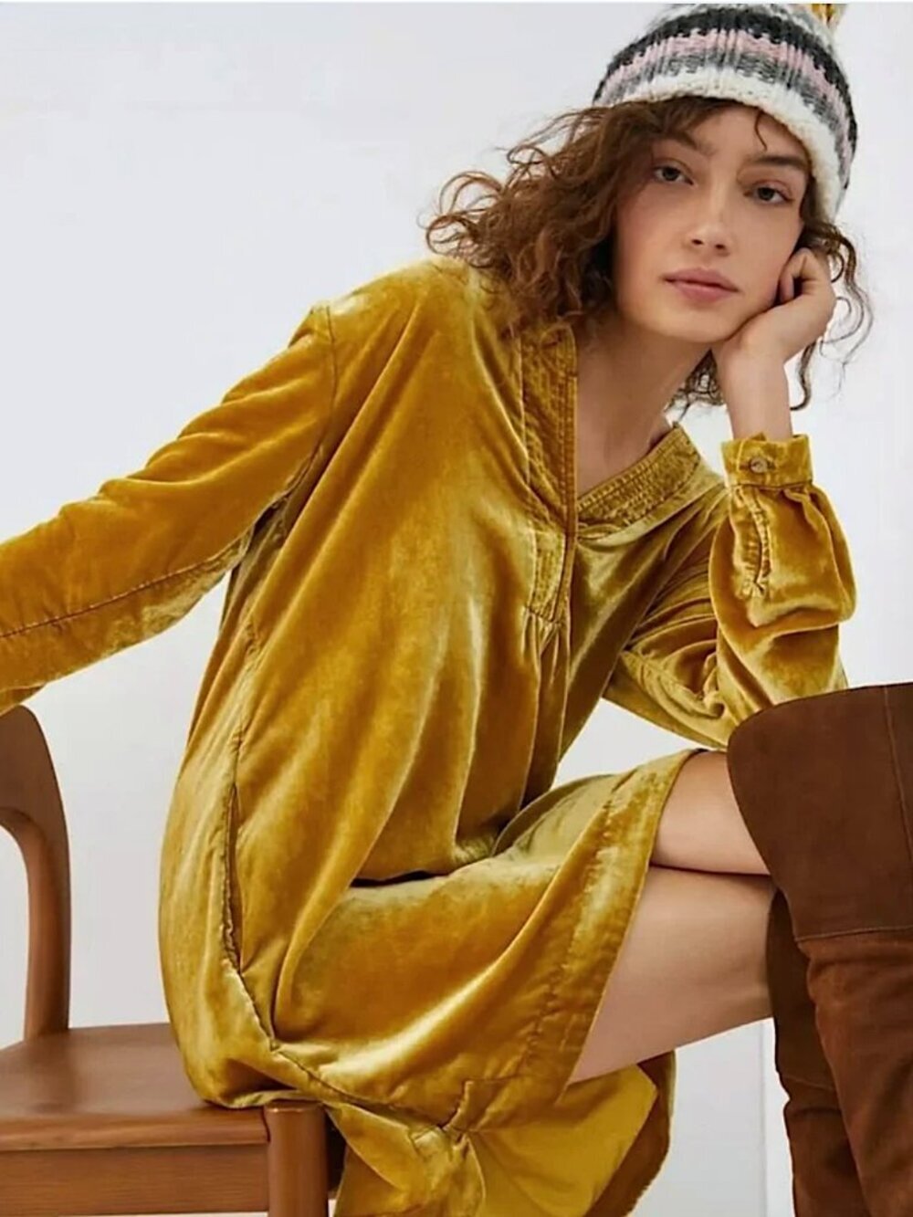 ANTHROPOLOGIE Melody Crushed Velvet Tunic Shift Dress Gold Bronze Size XS